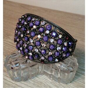 Wide Brass Tone Statement Clamper Braselet Bejeweled